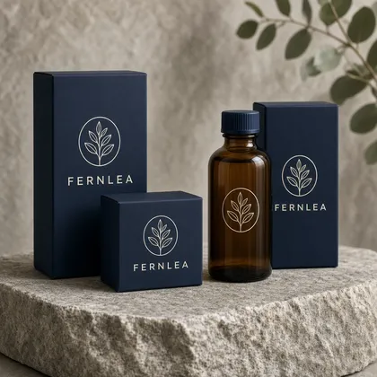 Fernlea botanical emblem on navy skincare packaging (sample brand)