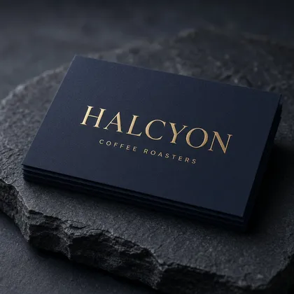 Halcyon Coffee Roasters gold-foil wordmark on navy business cards (sample brand)