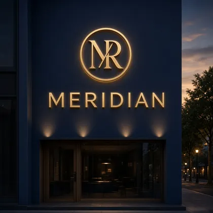 Meridian monogram and wordmark on illuminated shop signage (sample brand)