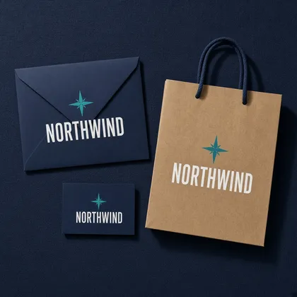 Northwind wordmark and compass emblem on envelope, card and kraft bag (sample brand)